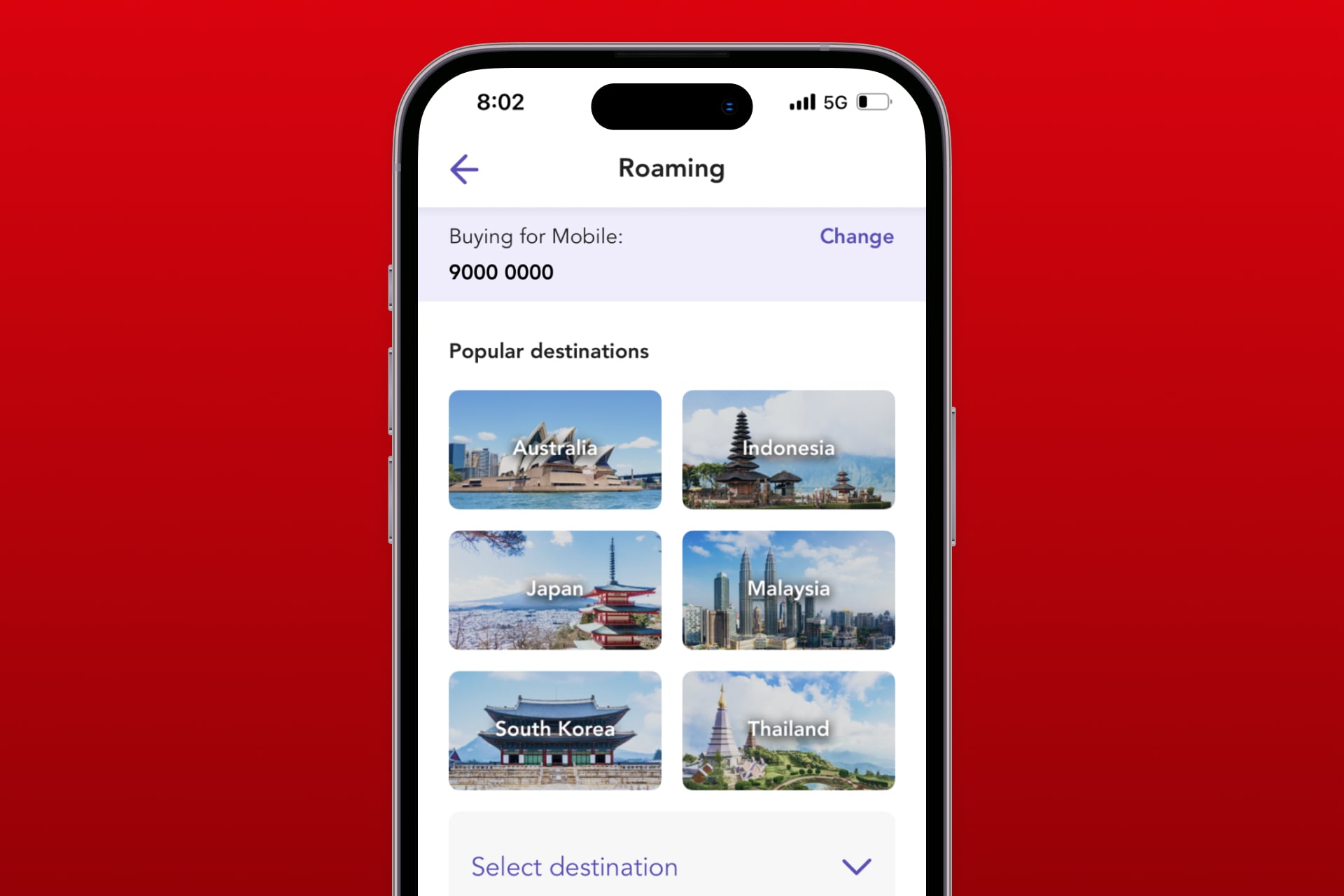 Activate ReadyRoam plan Step 2: Select your destination and tap on 'Next'